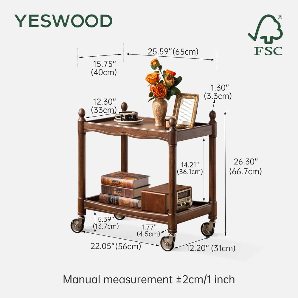 YESWOOD Vintage Walnut Side Table with Lockable Wheels, 2‑Tier Rolling End Ta...