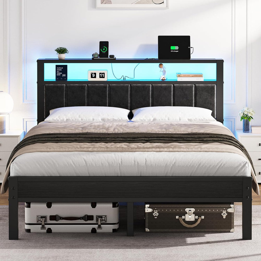 OLEVS Queen Size Bed Frame with LED Lights & Charging Station, Modern Pla...