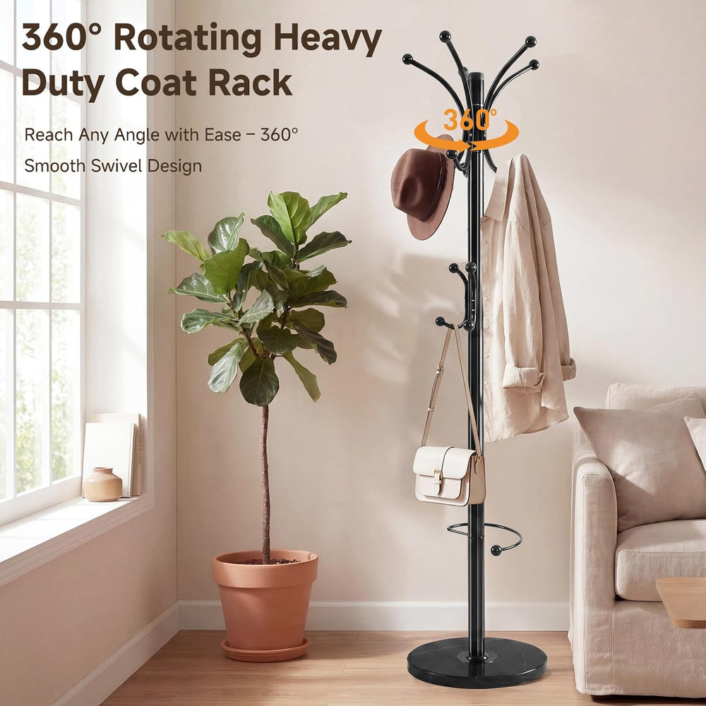 Marble Base Coat Rack Freestanding, 360° Rotary 16 Hooks Black