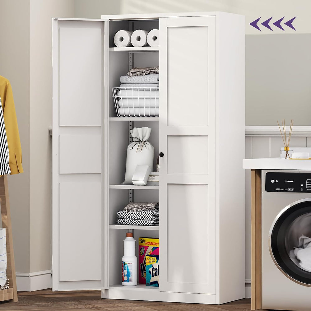 71"Kitchen Pantry Cabinet,White Metal Pantry Cabinet with 2 Doors & ...