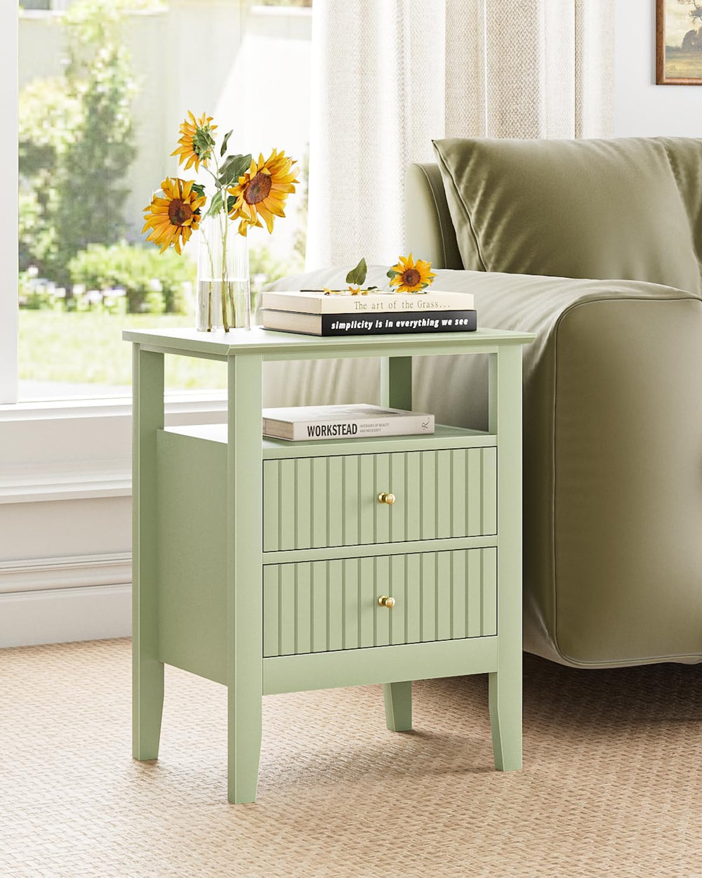 Fluted Nightstand, Farmhouse Night Stand with 2 Drawers, Mid Century Modern S...