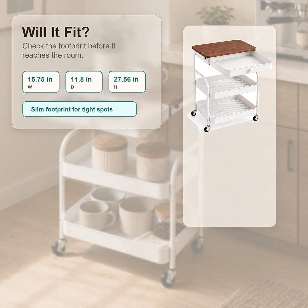 3 Tier Rolling Cart with Hidden Drawer and Wood Top, Small Space Storage Cart...