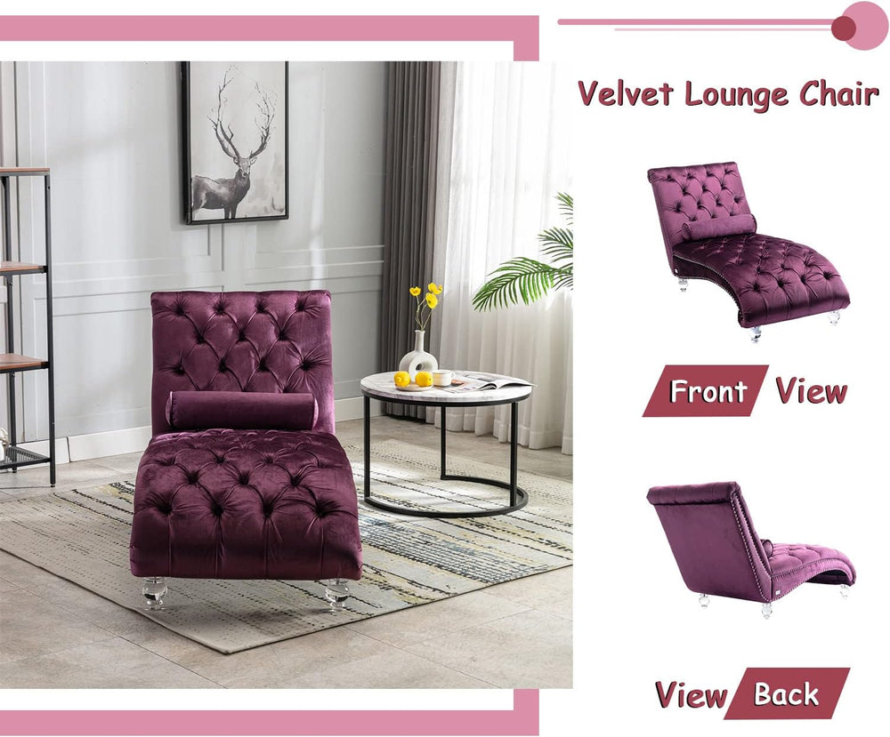 Velvet Chaise Lounge Chair with Toss Pillow, Modern Tufted Button Lounge Chai...
