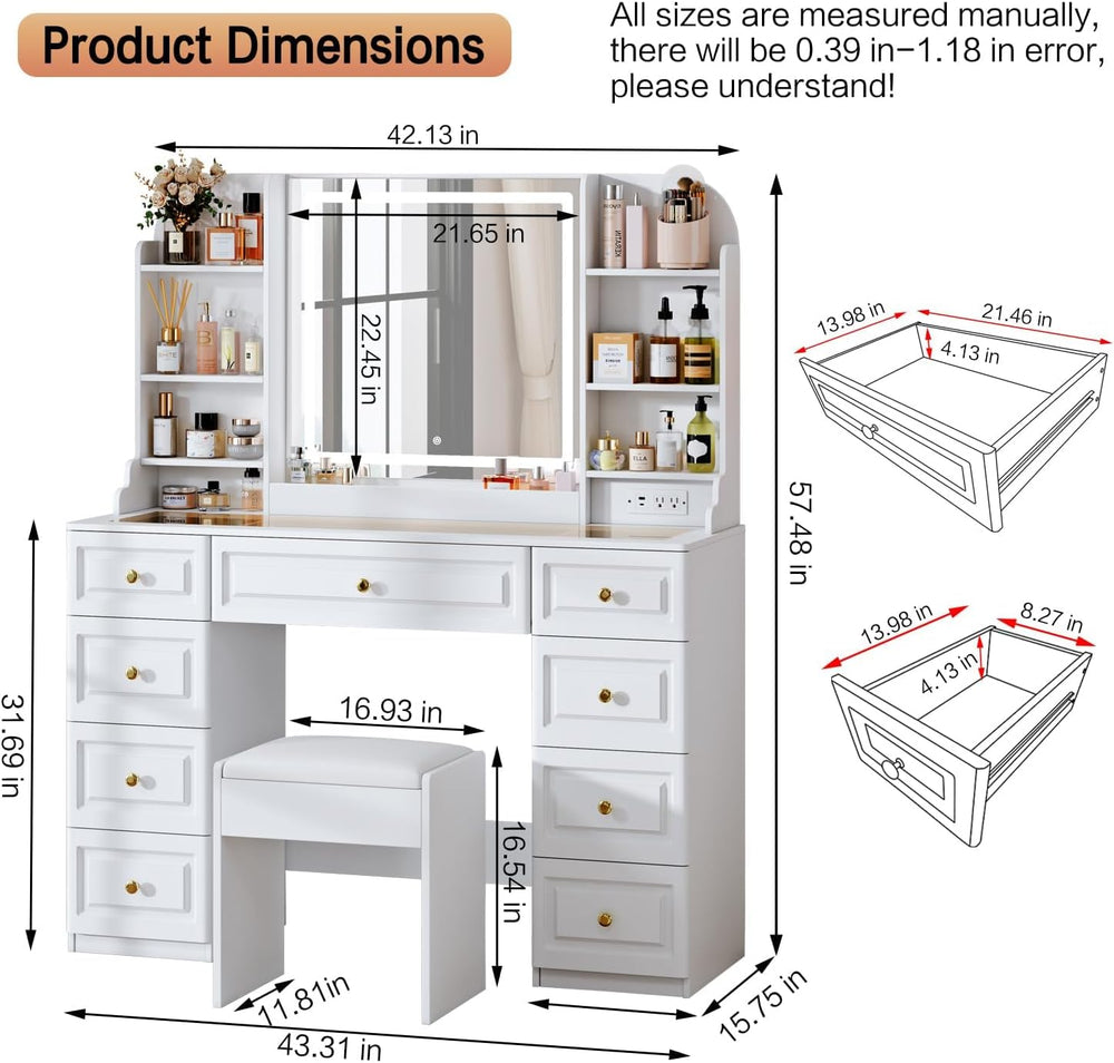 Arulvmrn 43" Makeup Vanity Desk with Mirror and Lights, & Power Outl...