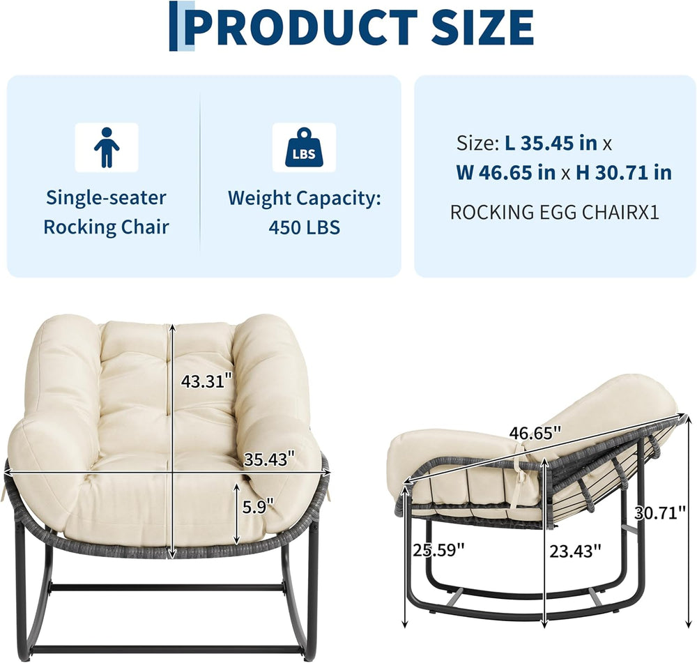 Litake Oversized Egg Shaped Wicker Outdoor Rocking Chair, Papasan Rocking Cha...