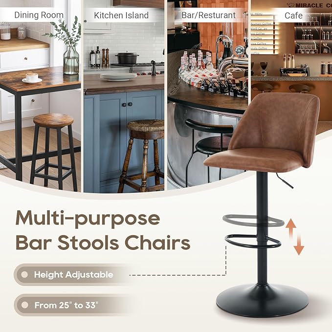 COLAMY Bar Stools Set of 2, Modern Swivel Bar Chairs, Adjustable PU Leather U...