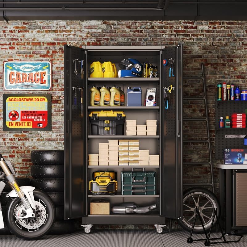 Aobabo Metal Storage Cabinet with Wheels and Door Pegboard | Garage and busin...