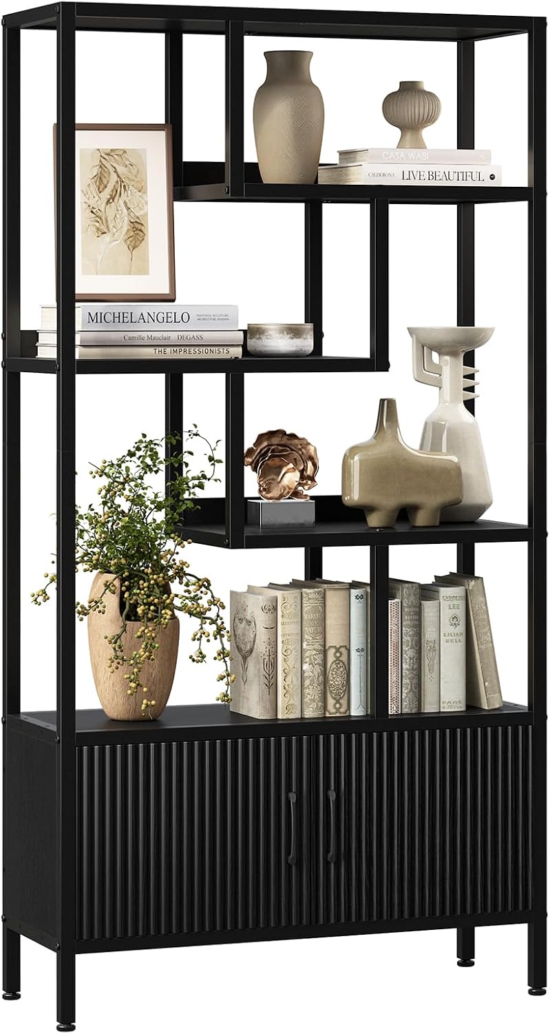 5-Tier Fluted Etagere Bookshelf Storage Cabinet Tall Bookcase Black