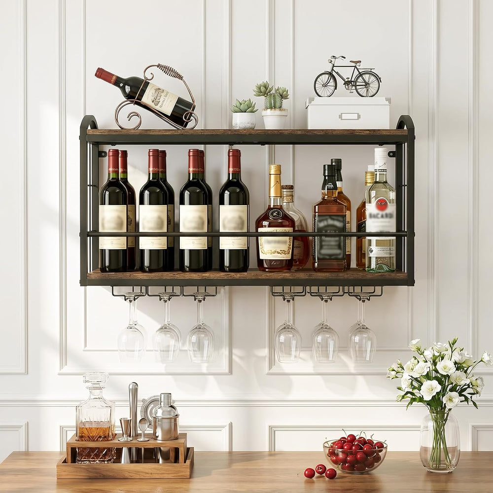 Wall Mounted Wine Rack, Floating Bar Shelf with 2 Tier Wood Shelves and Wine ...