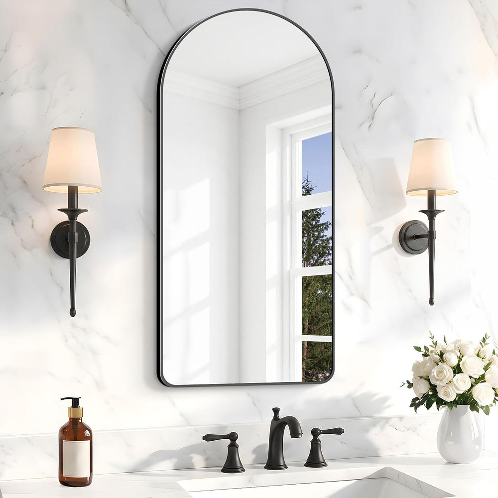 BONEWEI Arched Wall Mirror,18x36 inch Black Arched Mirror Bathroom,Vanity Mir...