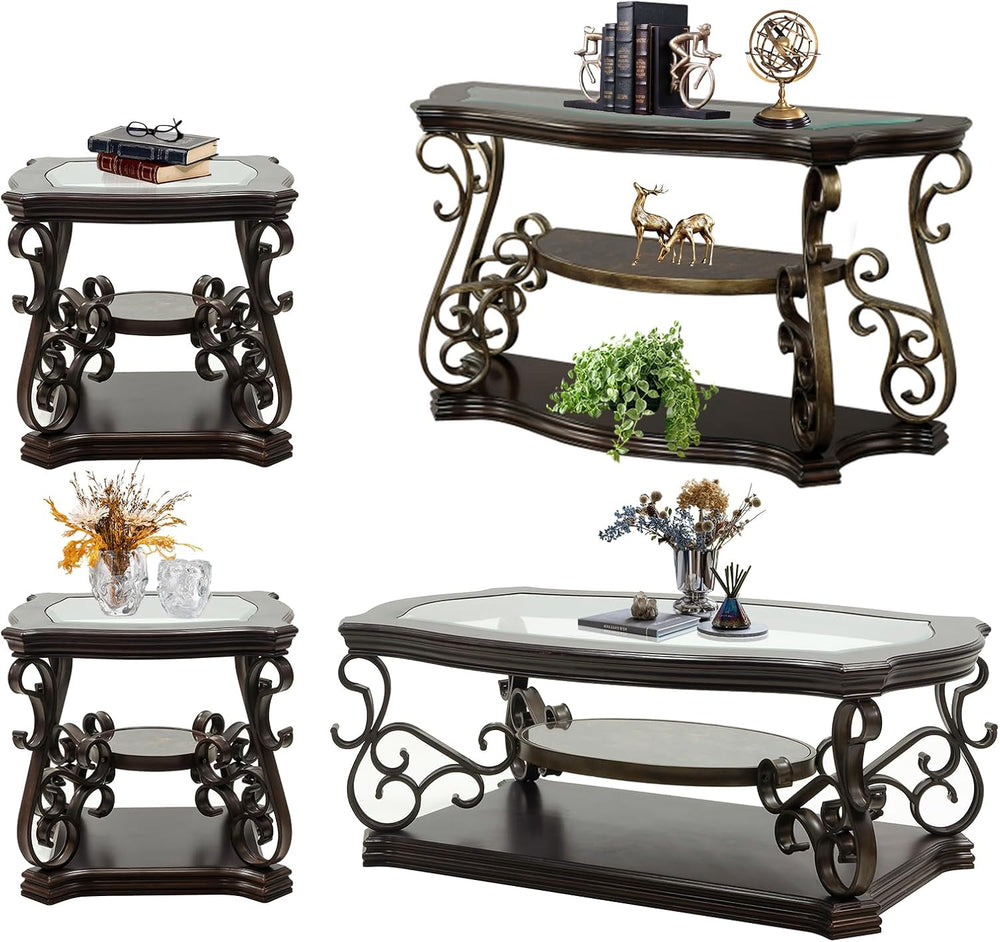 4 Piece Retro Coffee Table Set, Mid Century Modern Living Room Table Set, Tra...