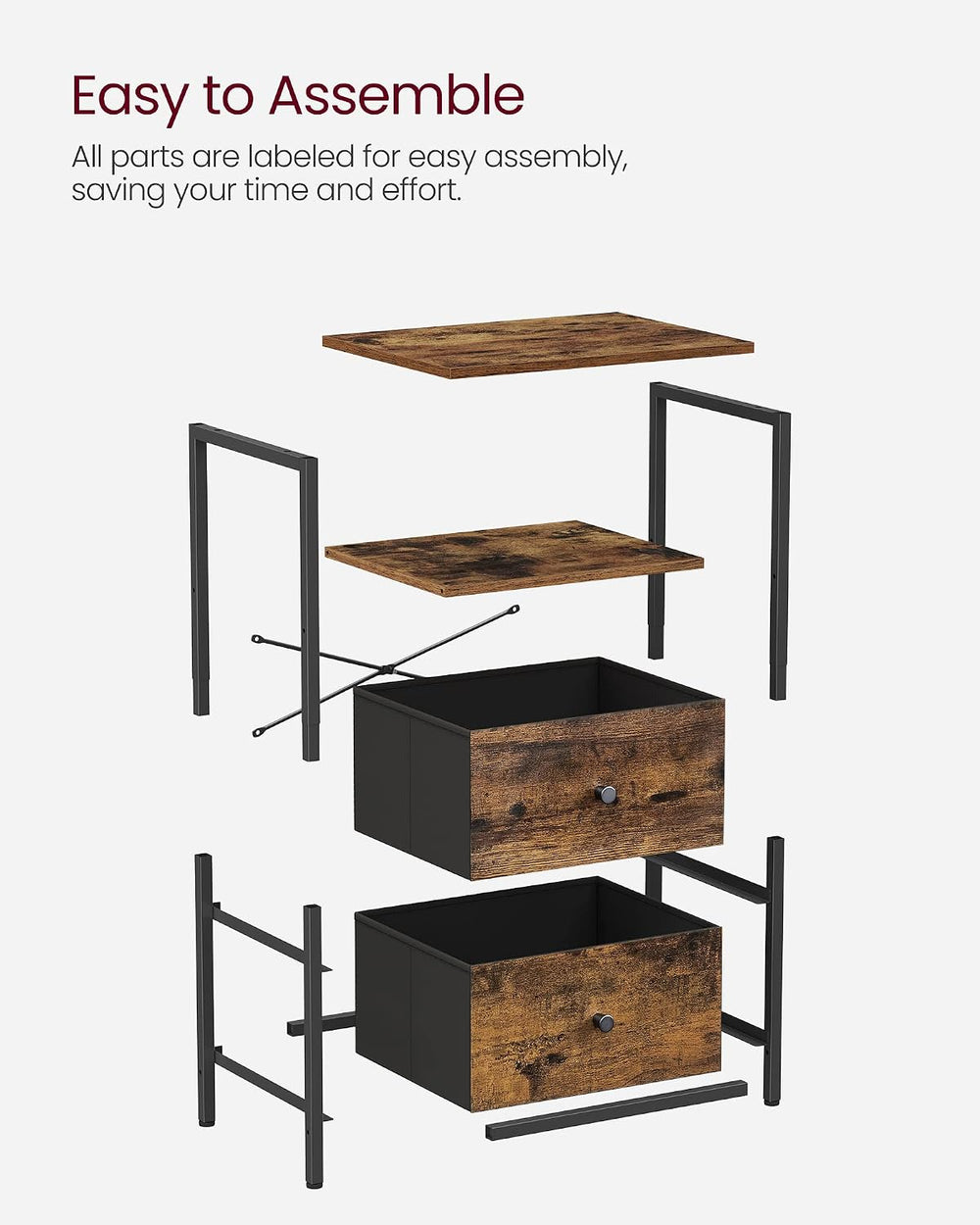 VASAGLE Nightstand, 24-Inch Tall Side Table with 2 Fabric Drawers and Storage...