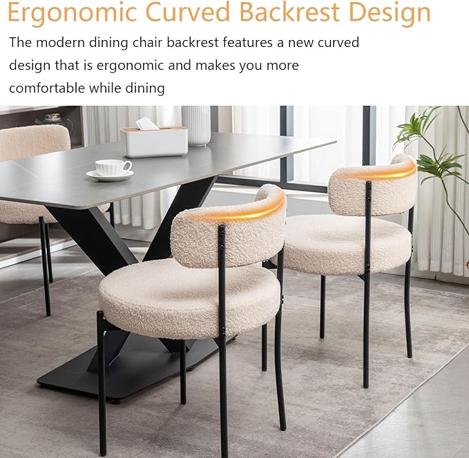 Boucle Dining Chairs Set of 2, Upholstered Dining Room Chairs with Black Meta...