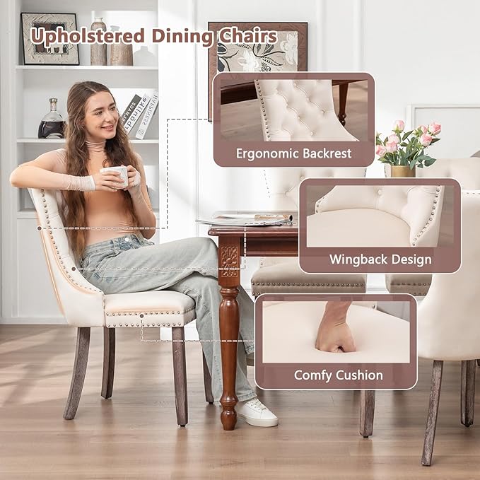 Velvet Dining Chairs Set of 2, Tufted Dining Room Chairs with Nailhead Ring P...