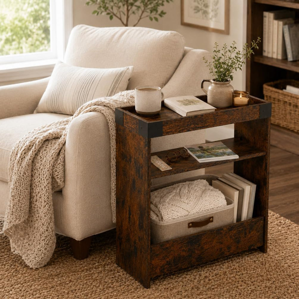 Farmhouse Narrow Side Table with Tray Top & Magazine Rack, Sofa Couch Sid...