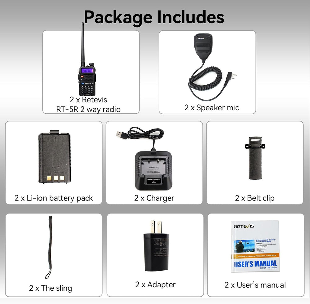 Retevis RT-5R Dual Band Walkie Talkies Long Range with Shoulder Mic, 2 Pack