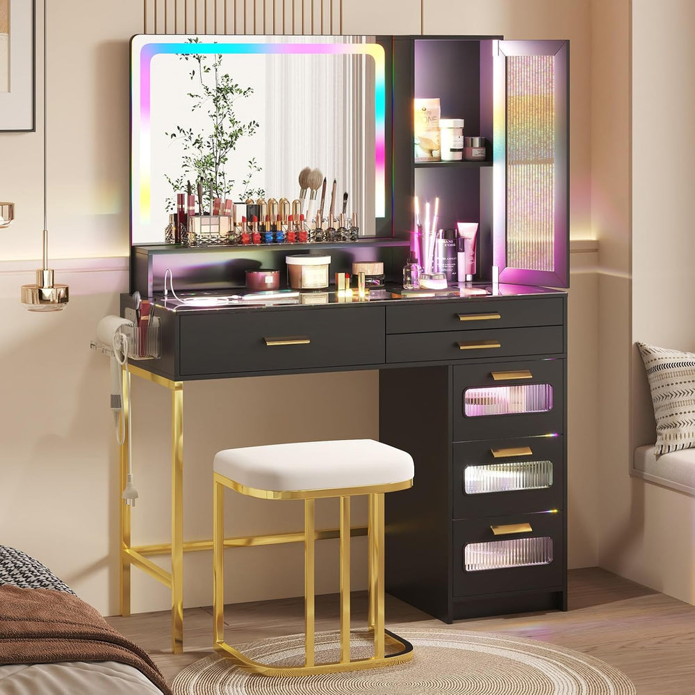 Vanity Desk with RGB LED Mirror, Glass Top and 6 Drawers - Black | SKKTKT Mak...