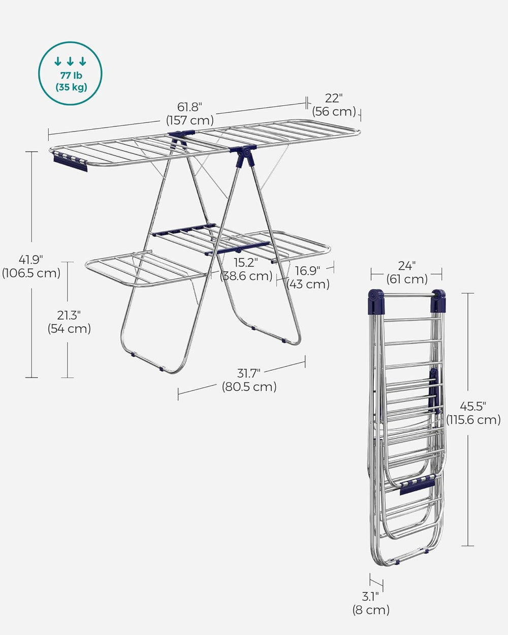 SONGMICS Clothes Drying Rack, Foldable 2-Level Laundry Drying Rack, Free-Stan...