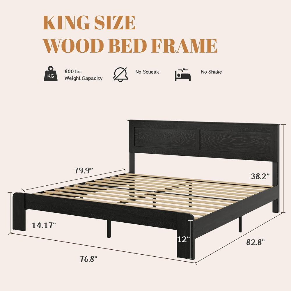 King Size Bed Frame Wood Platform Bed with Headboard, No Box Spring, Black