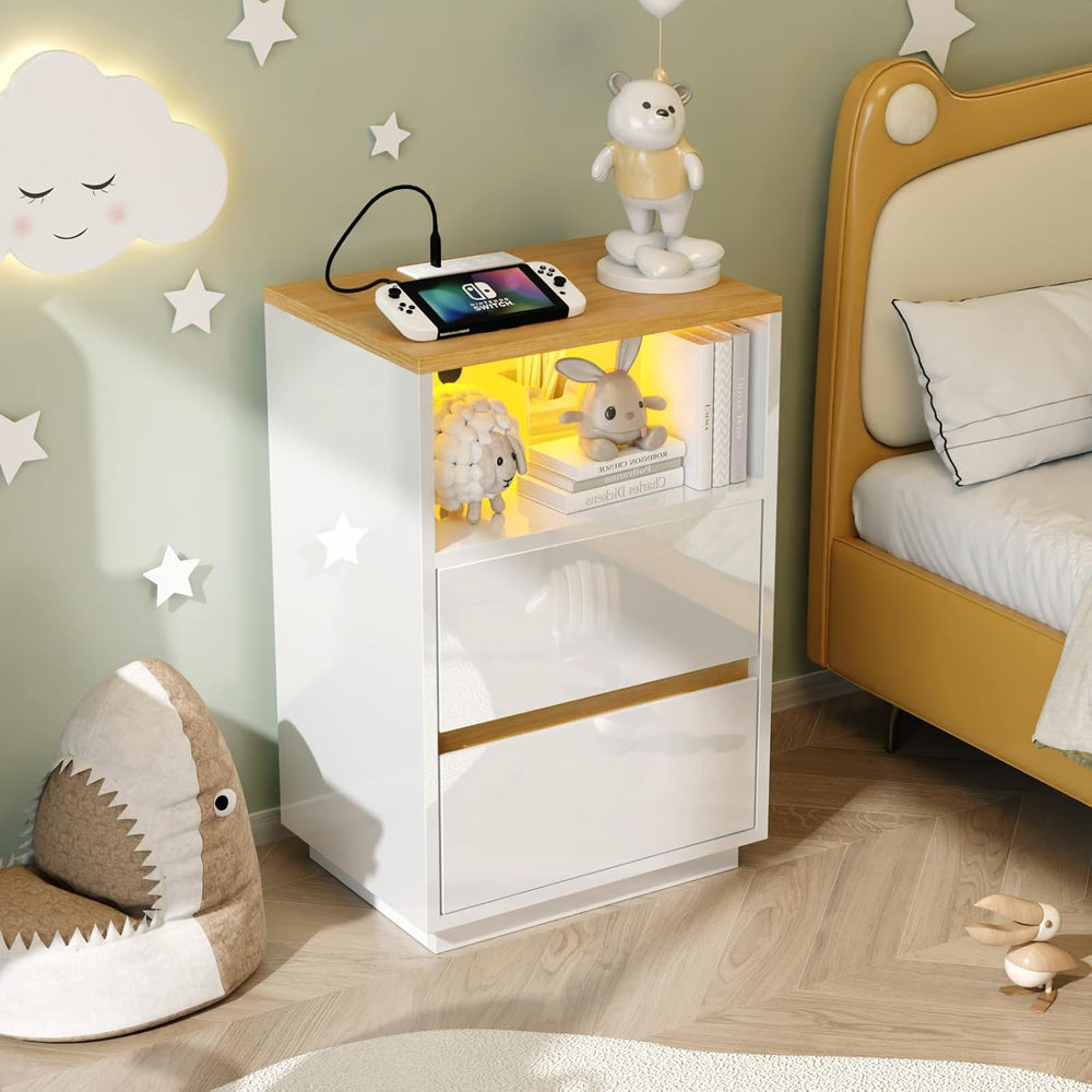 VINGLI White Nightstand with Charging Station, High Gloss Led Night Stand wit...