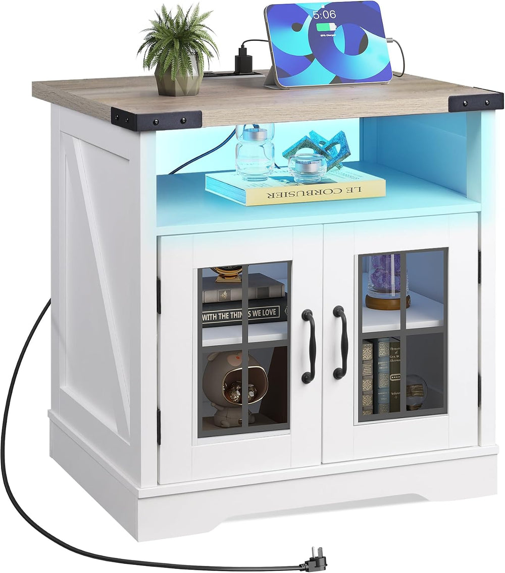 WLIVE Farmhouse End Table, 24" Side Table with Charging Station, LED Far...