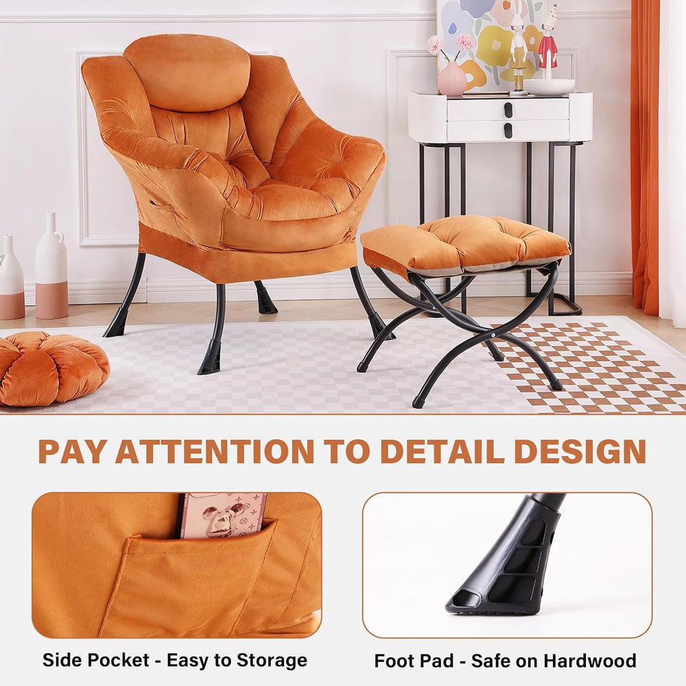 Tiita Lazy Chair with Ottoman, Comfy Reading Accent Chair, Velvet Orange