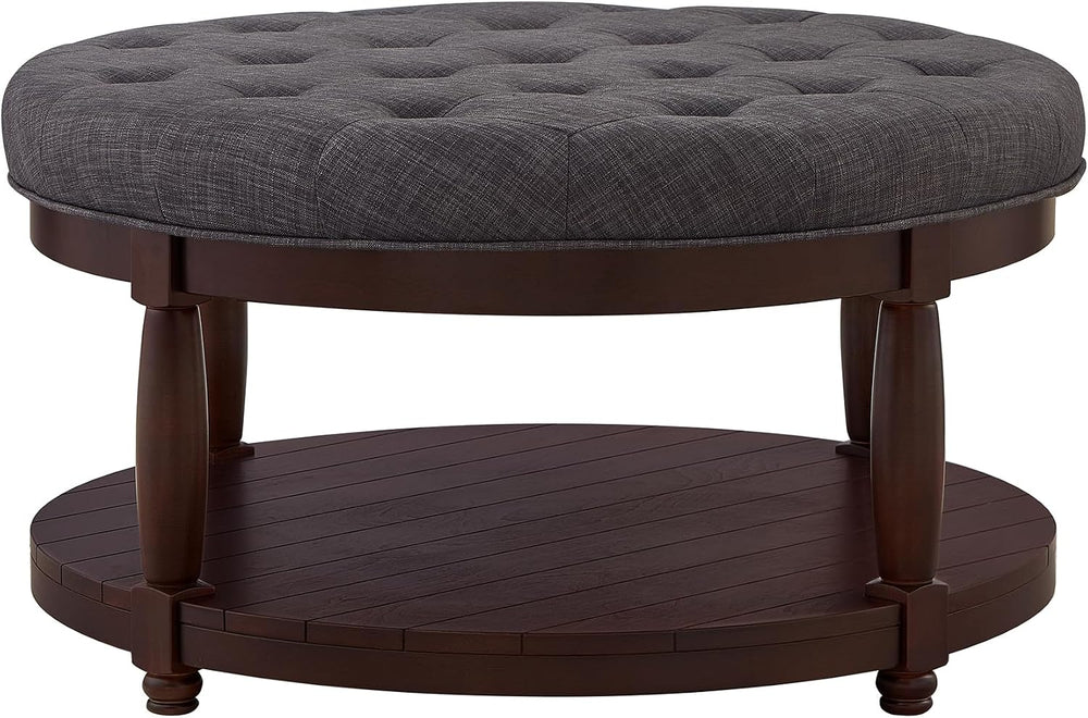 RENSGO 32.5" Large Round Upholstered Tufted Linen Ottoman Coffee Table, ...