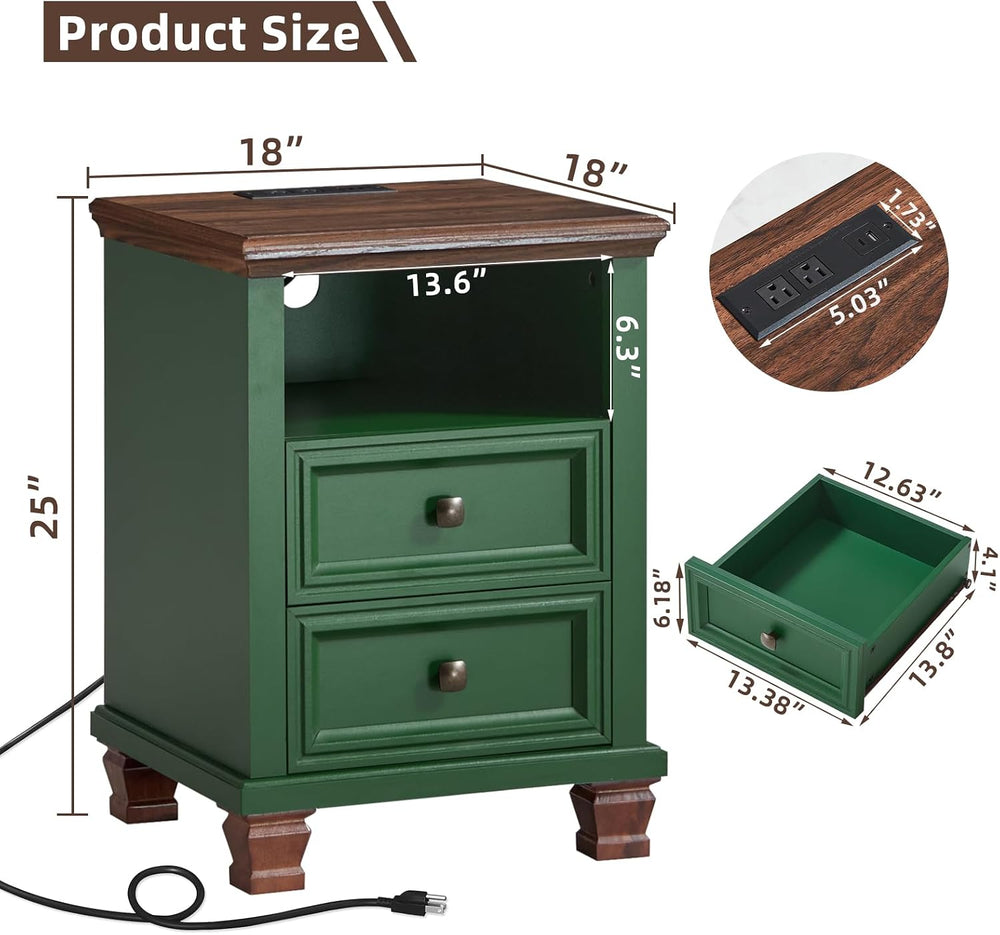 SAVOR LIFE Farmhouse Nightstand Set of 2 with Charging Station, Green | End T...