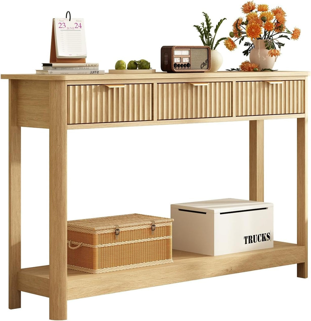 RUSTOWN Fluted Wood Console Table with 3 Drawers, 47.2" Boho Entryway Table