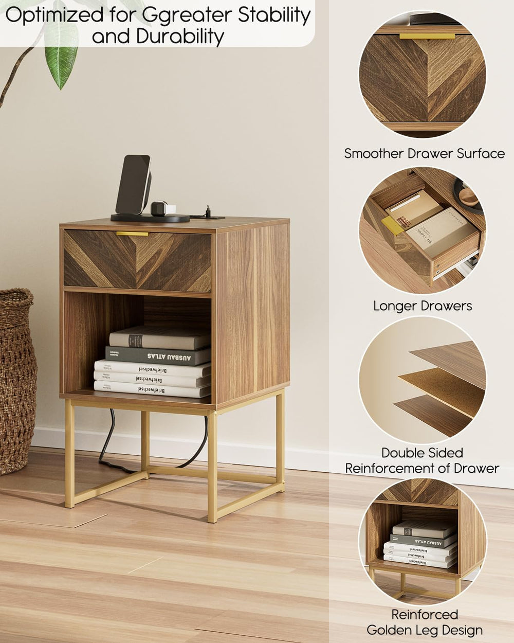 Nightstand with Charging Station,Modern Night Stand Boho Farmhouse Wood Bedsi...