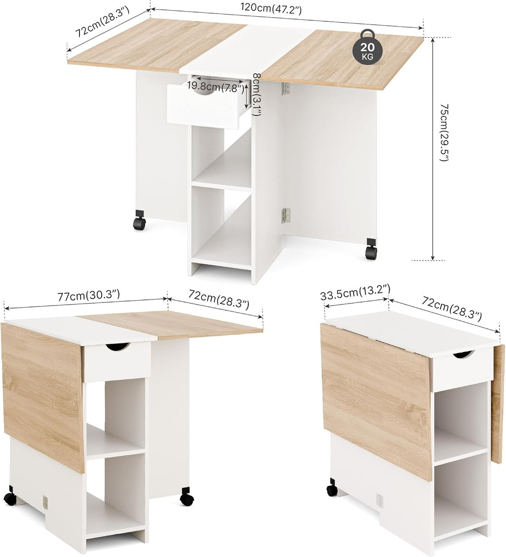 Mondeer Folding Dining Table with Drawer and Shelves, Oak & White | Drop ...