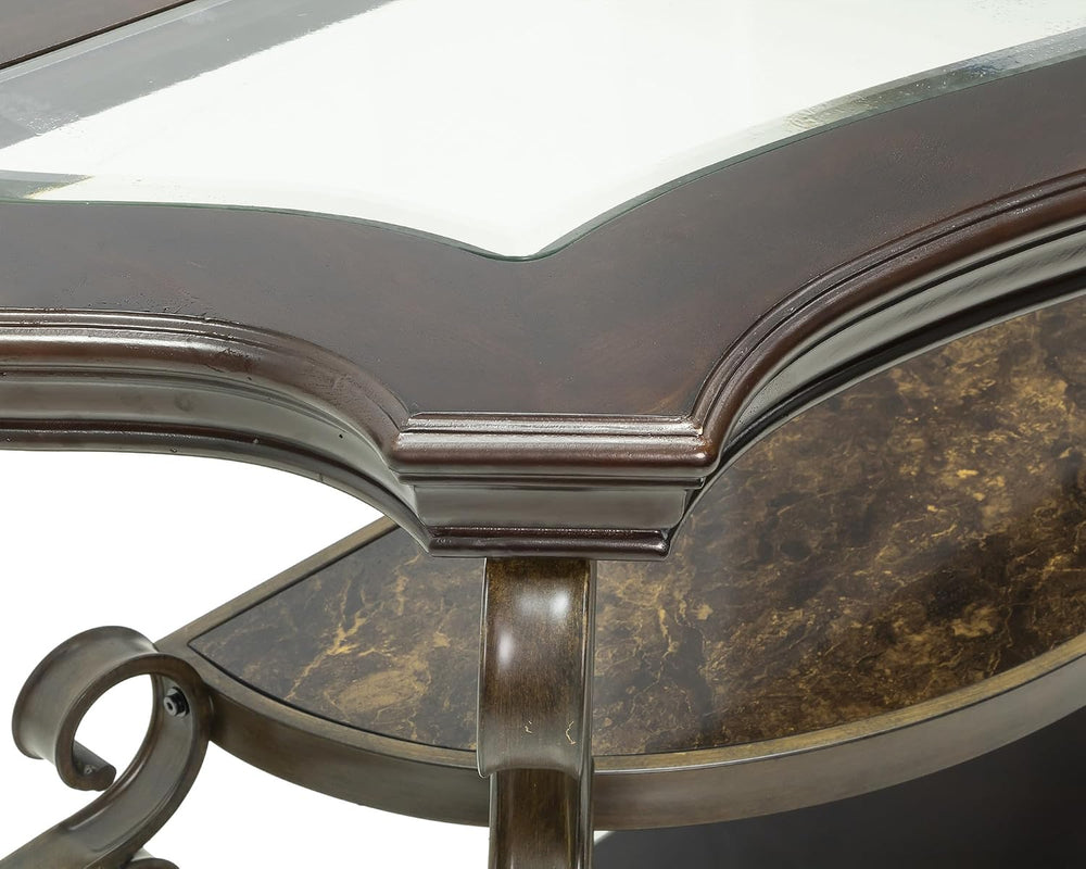 SSLine Vintage Curved Wood Console Table,Tempered Glass Top & Marble Shel...