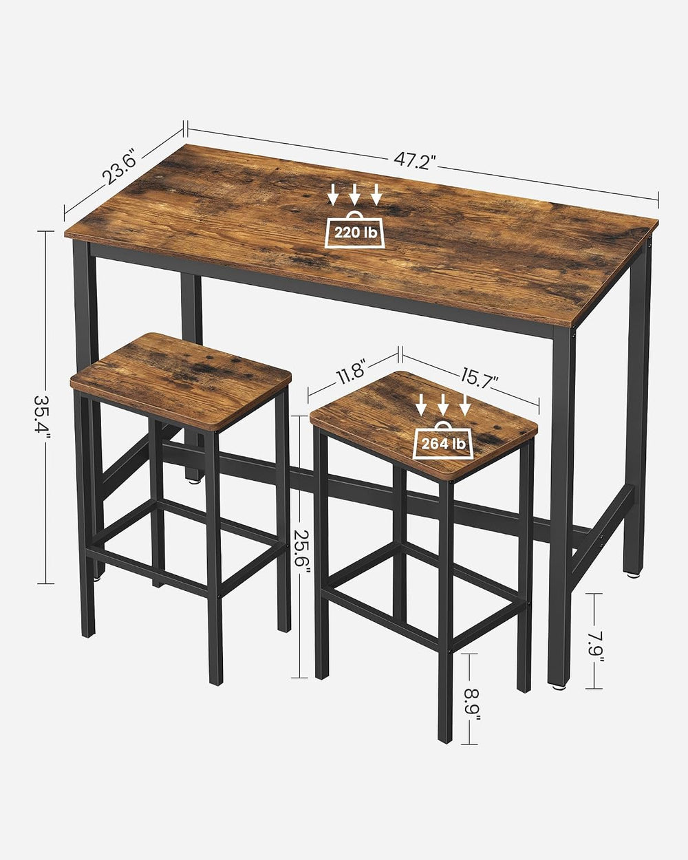 VASAGLE Bar Table Set with 2 Bar Stools, Modern Basic