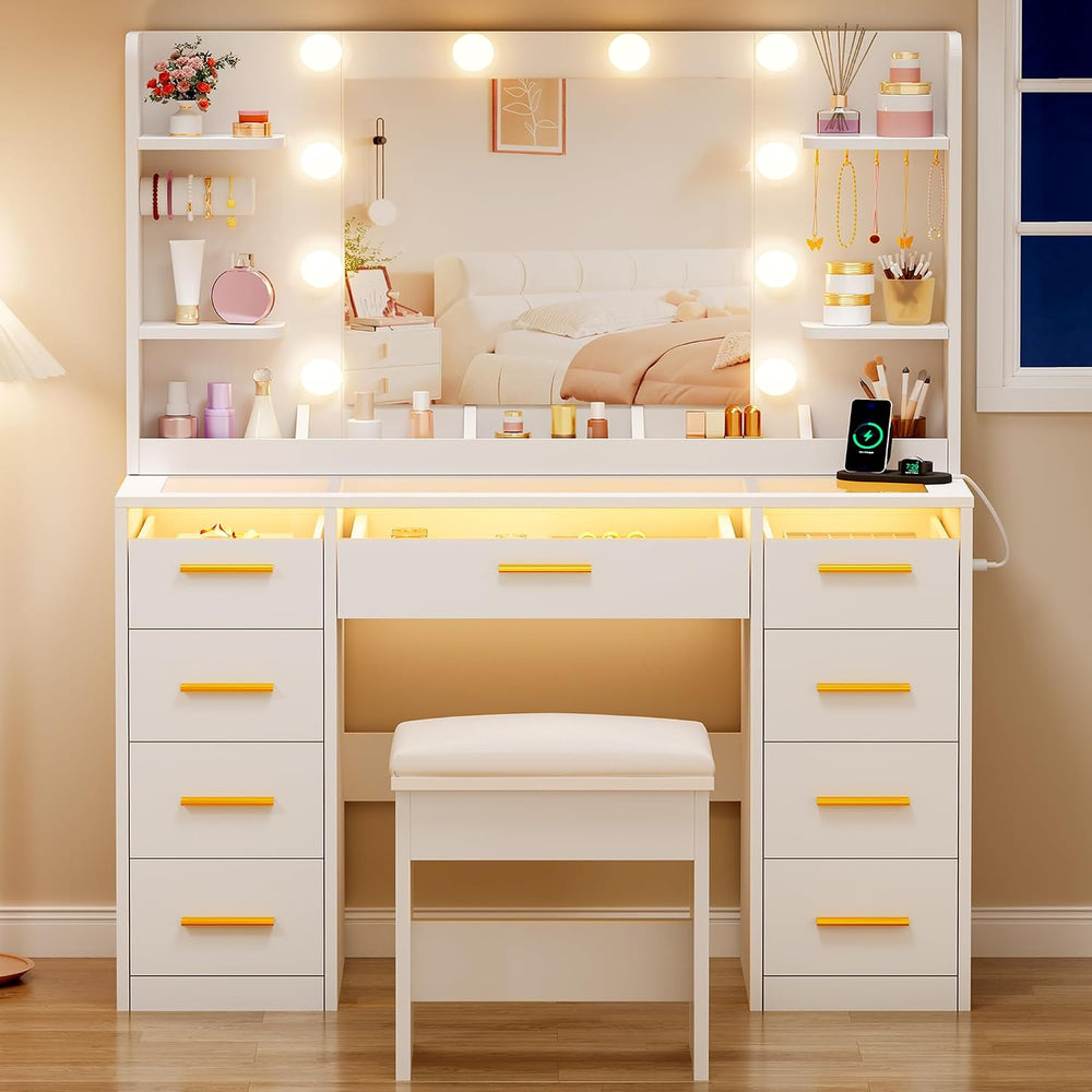 ANWBROAD Large Vanity Desk with Mirror and Lights & Transparent Glass Top...