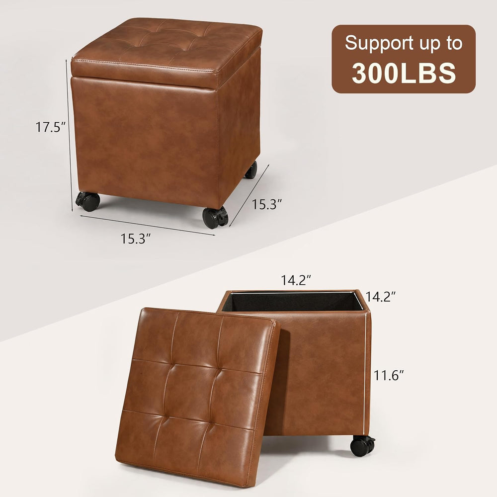15 inch Square Storage Ottoman with Wheels and Tray Lid, Faux Leather Tufted ...