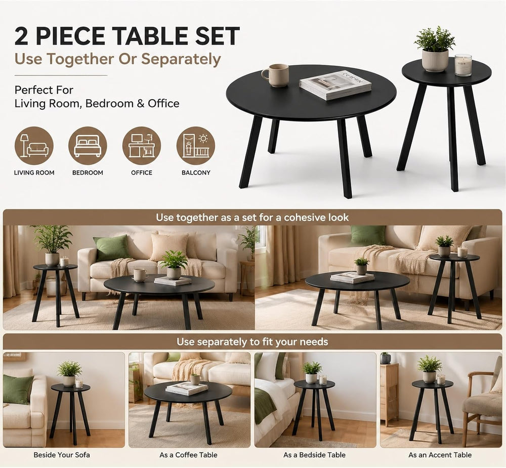 2-Piece Round Nesting Coffee & Side Table Set, Black Metal | Space-Saving...