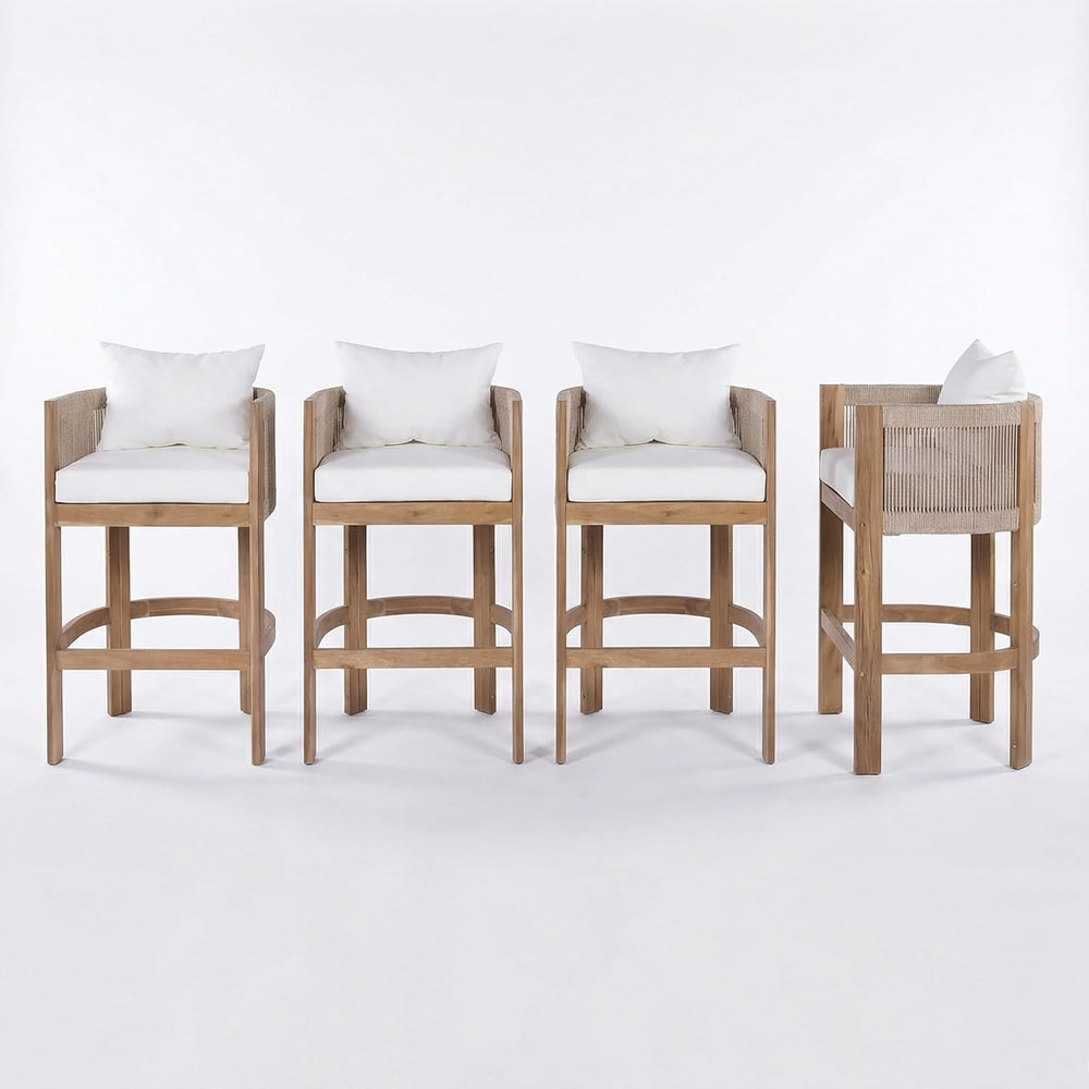 Merax Outdoor Bar Stools Set of 4, Rope Rattan Patio Barstools with Footrest ...