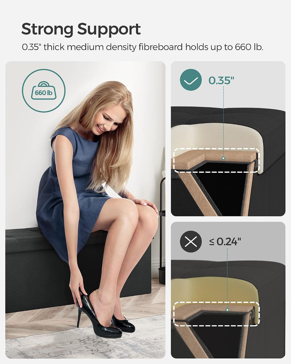 SONGMICS 43.3 Inches Folding Storage Ottoman Bench, Load 660 lb | Ottoman Foo...