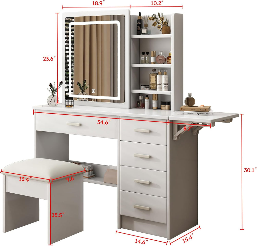 Runboll Vanity Desk with Mirror and Lights, Makeup Vanity Table Set with Chai...