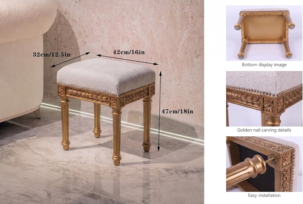 Vanity Stool, French Vintage Square Stool with Cushion, Round Tufted Upholste...