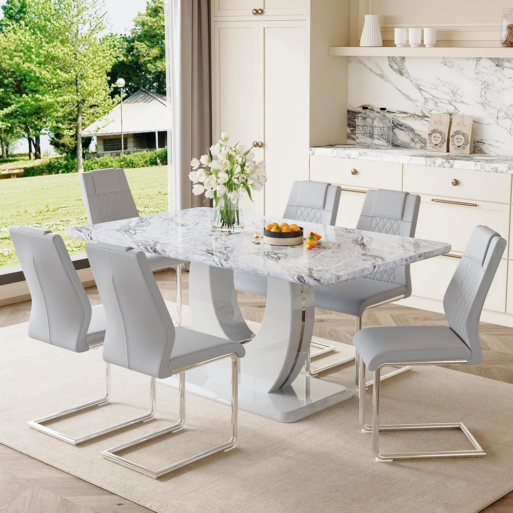 JUFU 7-Piece Dining Table Set for 6, 63-Inch Faux Marble, Light Grey