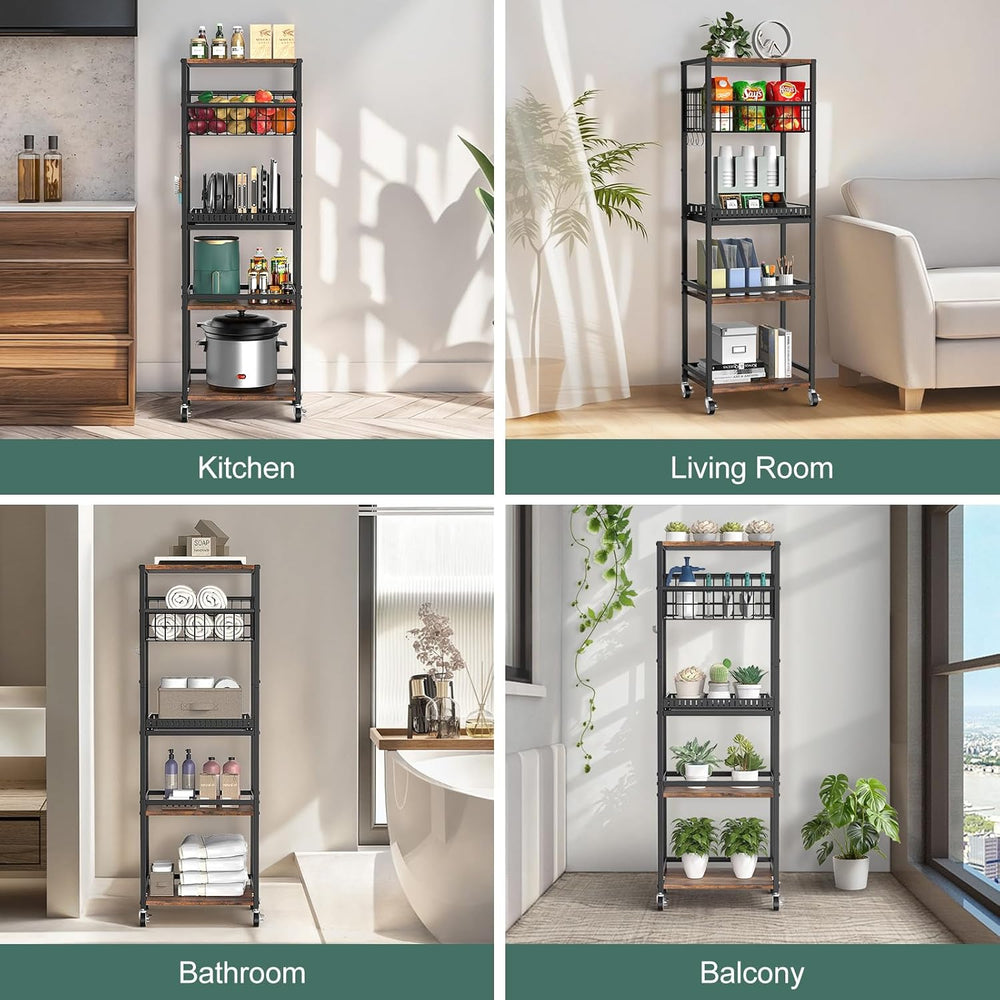 Housolution 5 Tier Kitchen Rolling Cart, Storage Cart with Metal Fruit Vegeta...