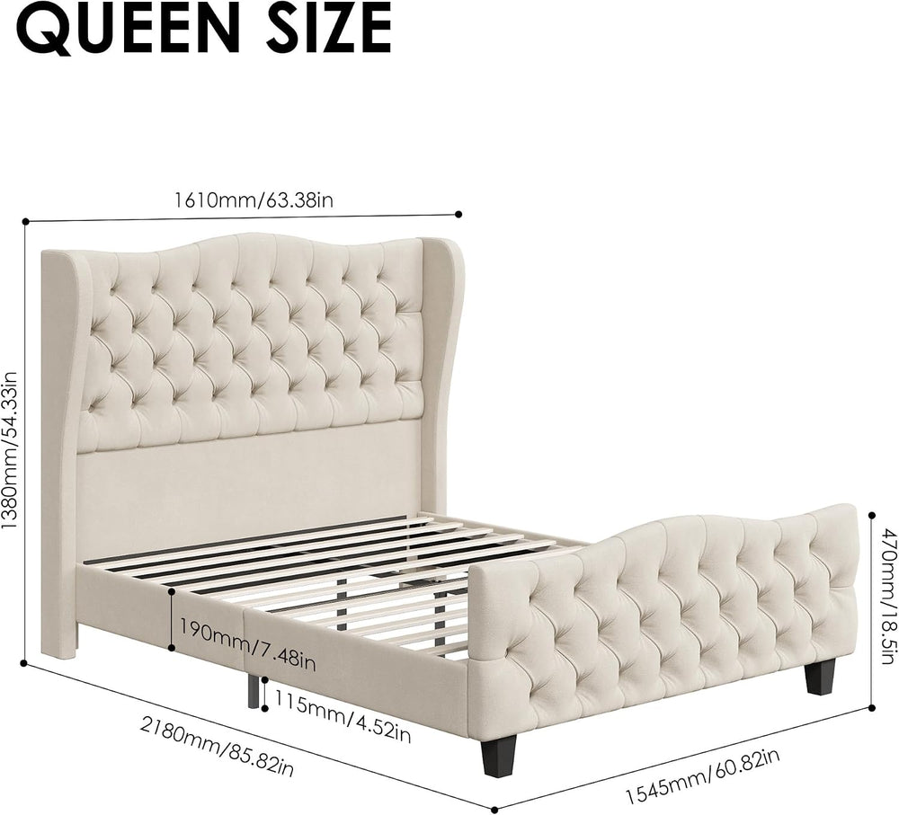 Keyluv Queen Size 54.3" Tall Bed Frame with Wingback Headboard & Foo...