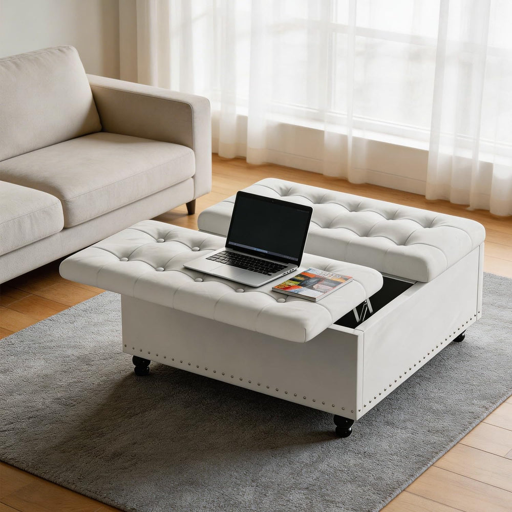 FUXA 35" Large Square Ottoman with Storage and Lift Top, Wood Legs, Beig...