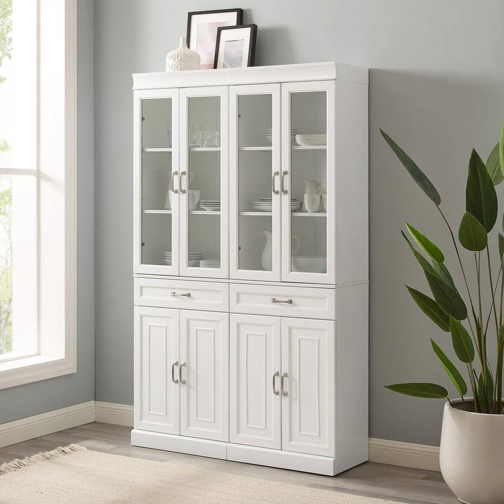HomeStock Pantry Cabinet Set with Glass Doors - White Kitchen Storage - 2 Piece