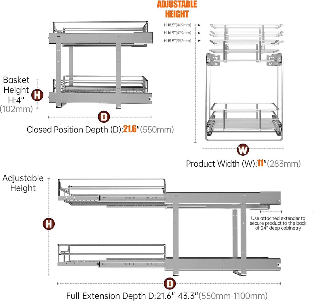 JOWBOOW 2-Tier Cabinet Pull Out Shelves, 11" W x 22" D, Chrome