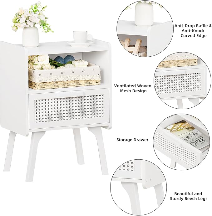 Lerliuo Rattan Nightstands Set of 2, Side Table with Drawer Open Shelf, Cane ...