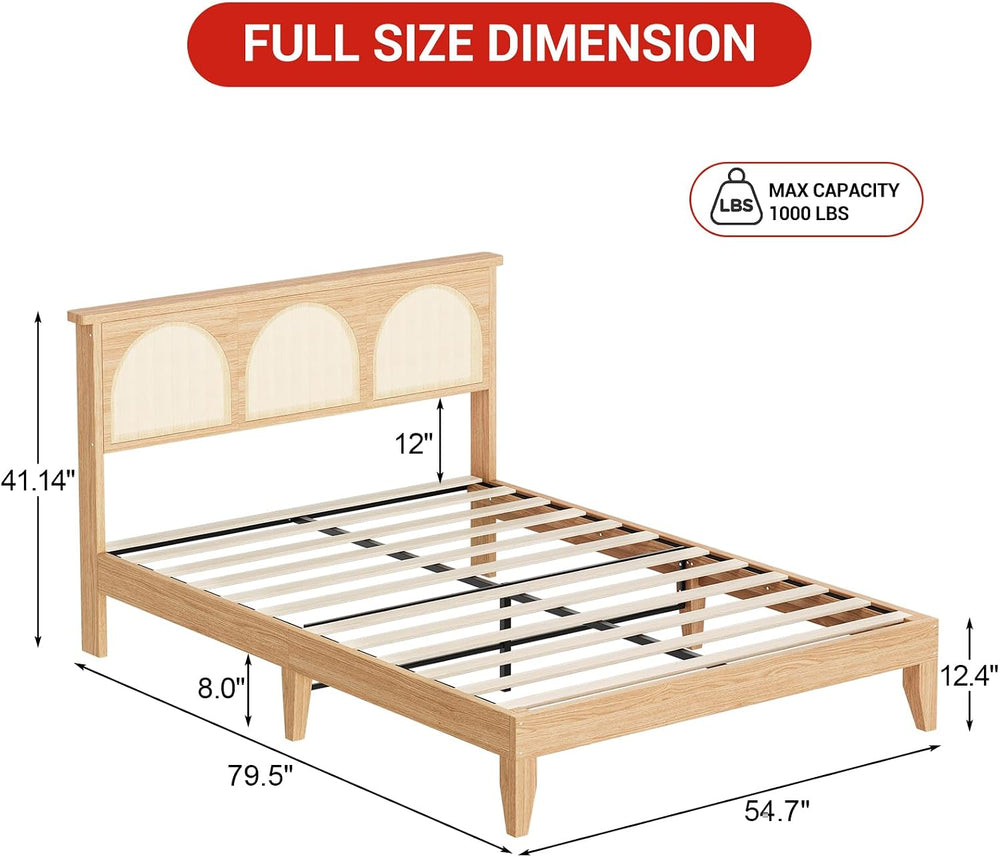 Queen Size Curved Rattan Headboard Platform Bed, Deluxe Bed with Built-in RGB...