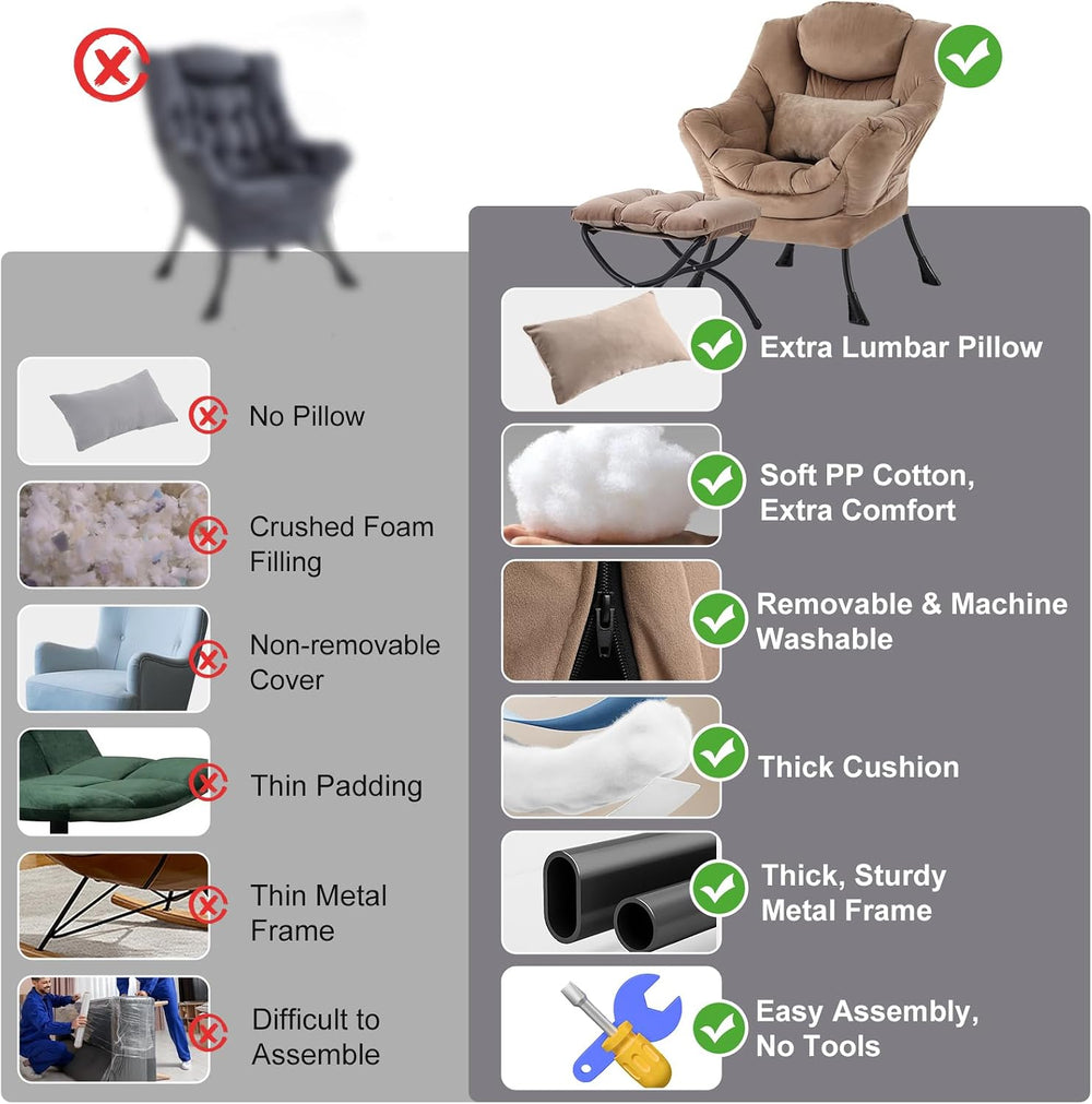 Lazy Chair with Ottoman, Comfy Chair with Pillow,Pure Khaki