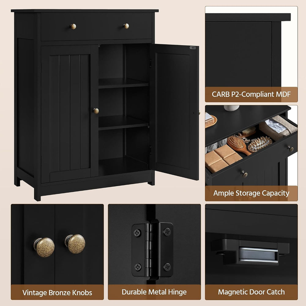 Yaheetech Black Slatted Bathroom Storage Cabinet with Drawer & Double Doors